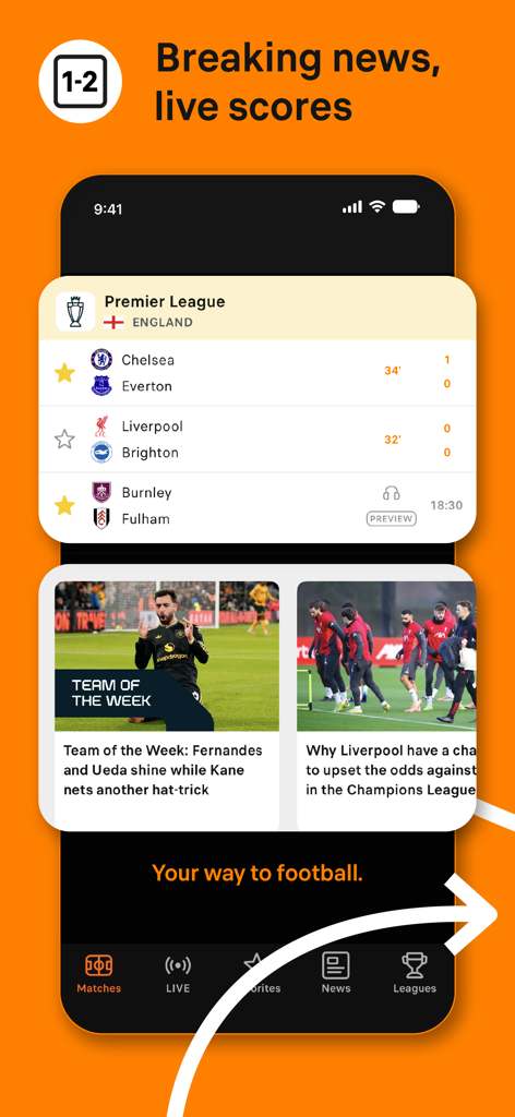 Soccerway Football Live Scores - Interface do aplicativo Soccerway mostrando placares ao vivo da Premier League e artigos de notícias de futebol de última hora