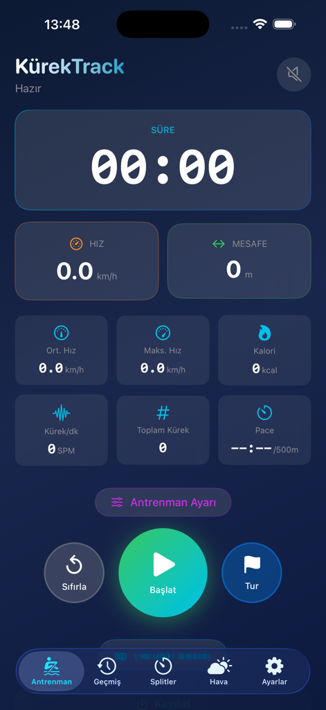 Rowing Track app training dashboard with real time performance metrics