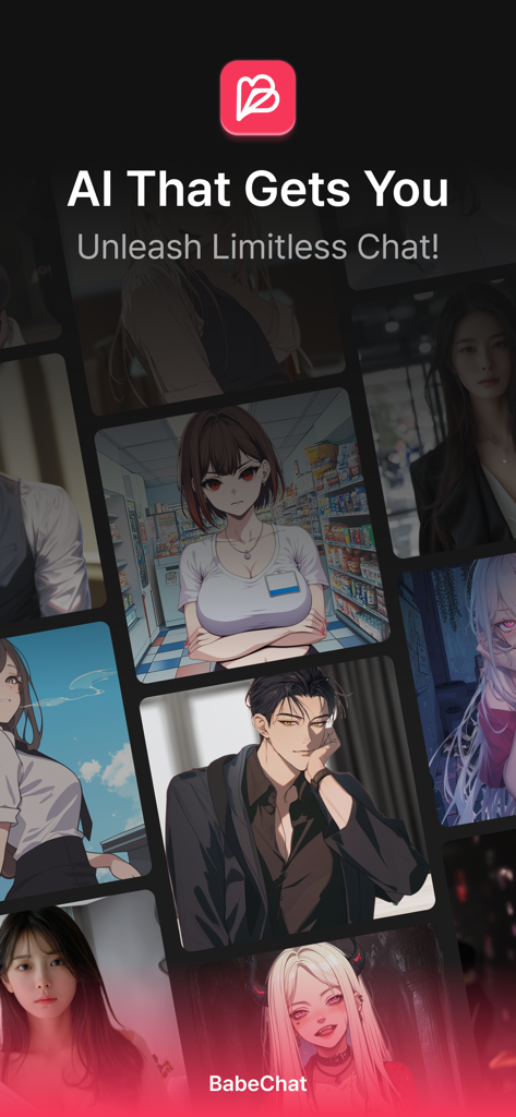 BabeChat - Unleash Unlimited - BabeChat app display featuring various anime and realistic AI characters for chat