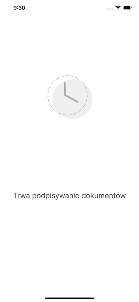 Una pantalla de procesamiento en la aplicación mSzafir con un icono de reloj y texto en polaco indicando que la firma del documento está en curso.