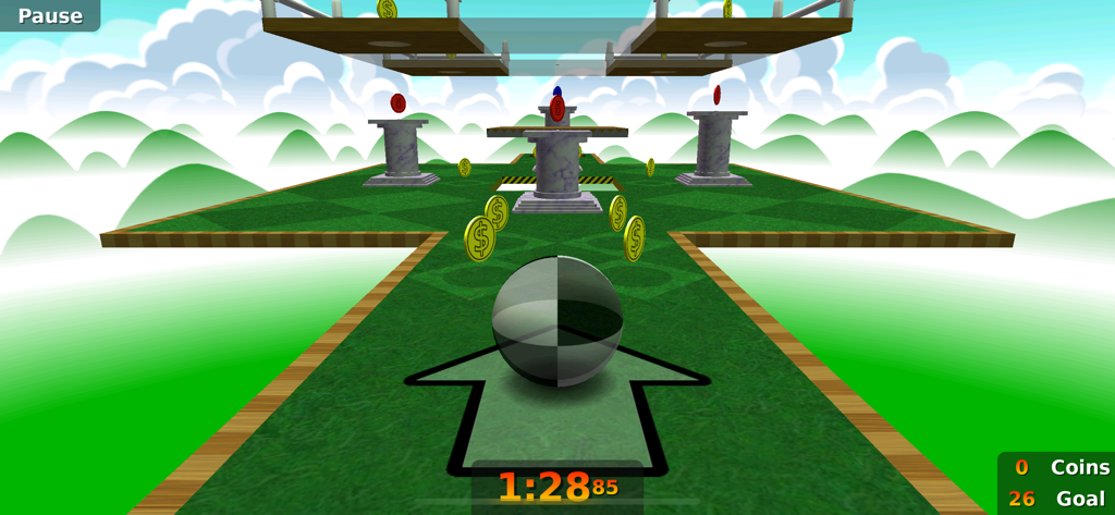 Neverball - A 3D checkered marble on a green platform collecting gold coins in Neverball game