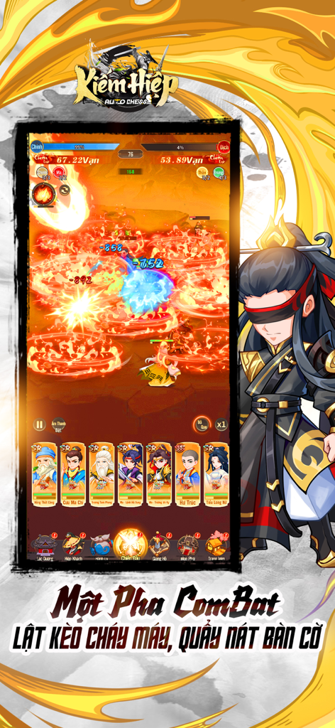 Kiếm Hiệp Auto Chess - Battle scene from Kiem Hiep Auto Chess showing tactical combat and character cards