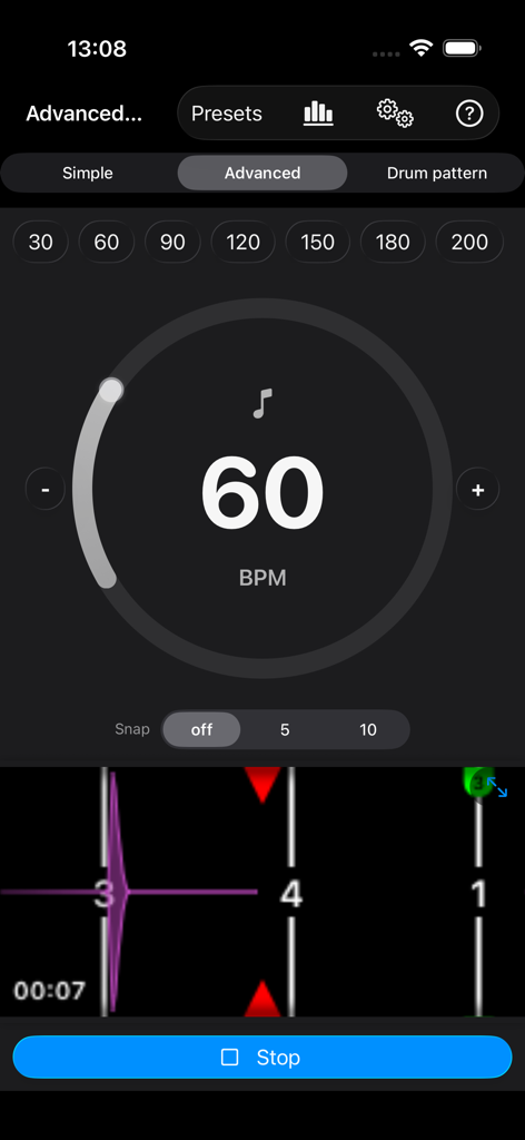Perfect Timing - Perfect Timing app interface showing advanced metronome mode with 60 BPM and rhythm visualizer