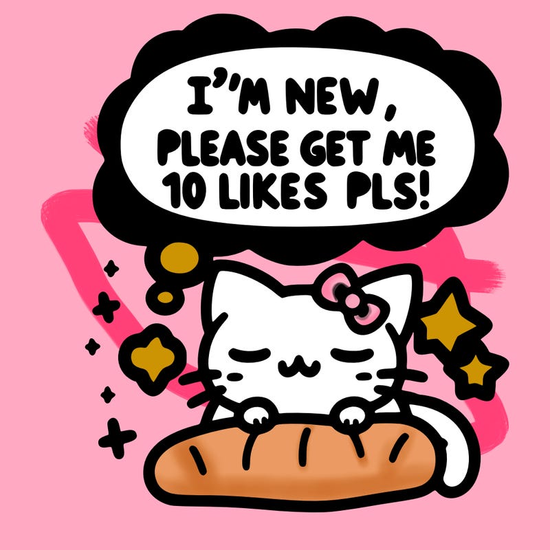 kitty taking a nap dream talking and saying "i'm new, please get me at least 10 likes pls!!"