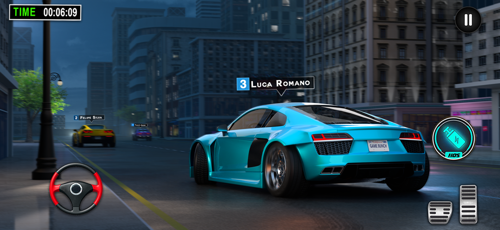 Car Games Simulator Car Racing - Vista en tercera persona de un coche deportivo azul compitiendo por una calle nocturna de la ciudad con controles de juego móvil
