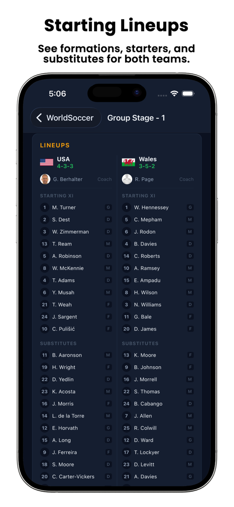 Mobile app screen showing starting lineups and tactical formations for USA and Wales