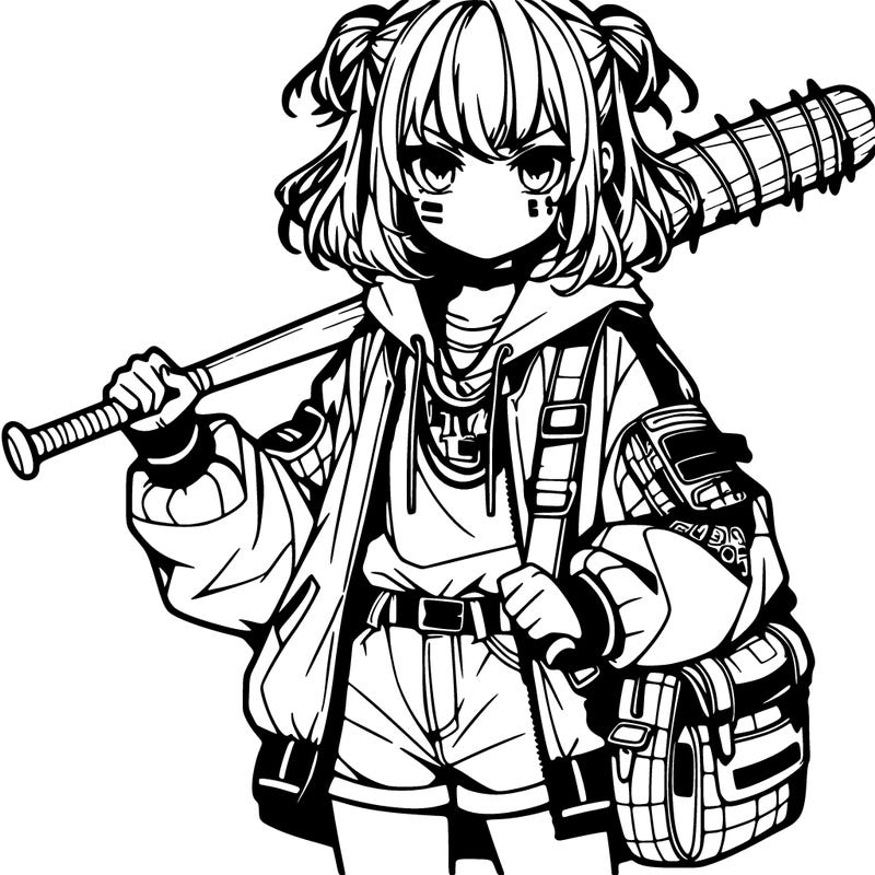 an anime girl with a baseball bat and streetwear