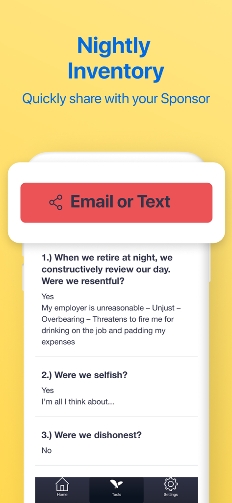 My Spiritual Toolkit AA Steps - AA nightly inventory screen with email or text sharing options for sponsors