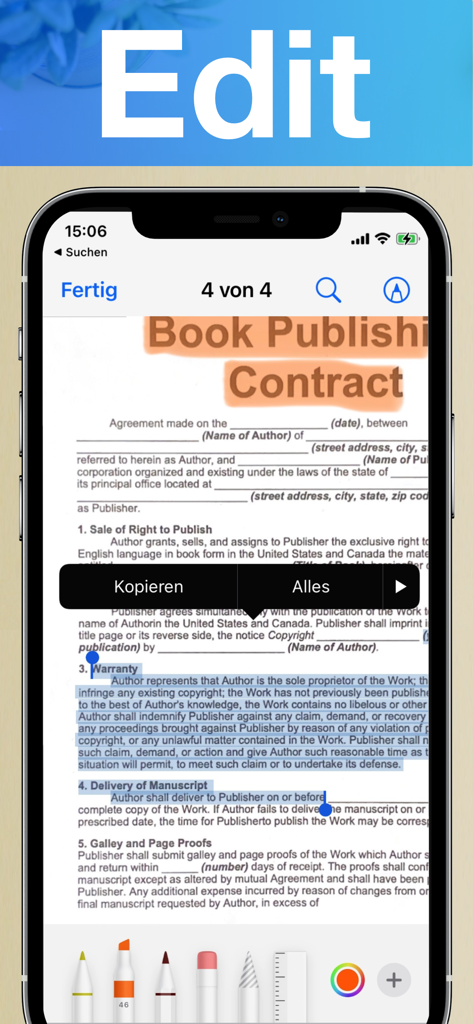 iPhone screen showing the edit and annotation features of AI Document Scanner on a scanned contract