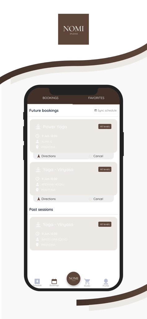 Interface of NOMI STUDIOS app displaying scheduled yoga classes and past sessions on a smartphone.