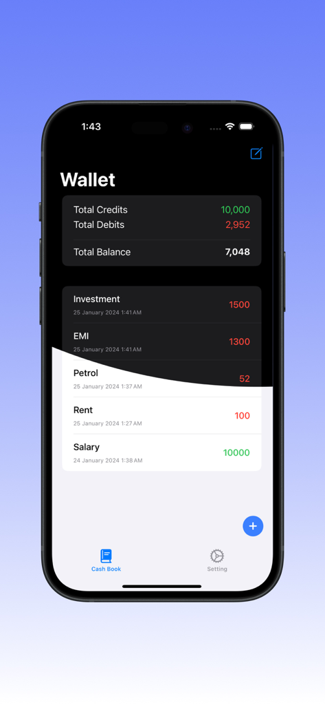 CashBook: Cash management - CashBook app wallet screen showing total balance and recent transactions on iPhone