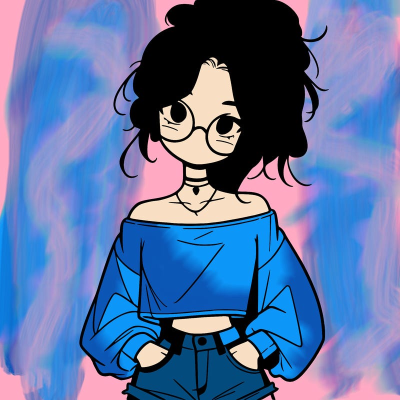 girl with a messy ponytail glasses a baggy crop top and jean shorts