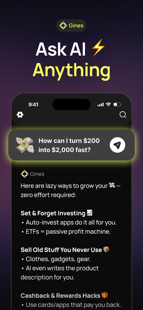 AI mini apps: Gines - Gines app chat interface showing AI generated financial growth suggestions and the Ask AI Anything feature