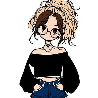 girl with a messy ponytail glasses a baggy crop top and jean shorts