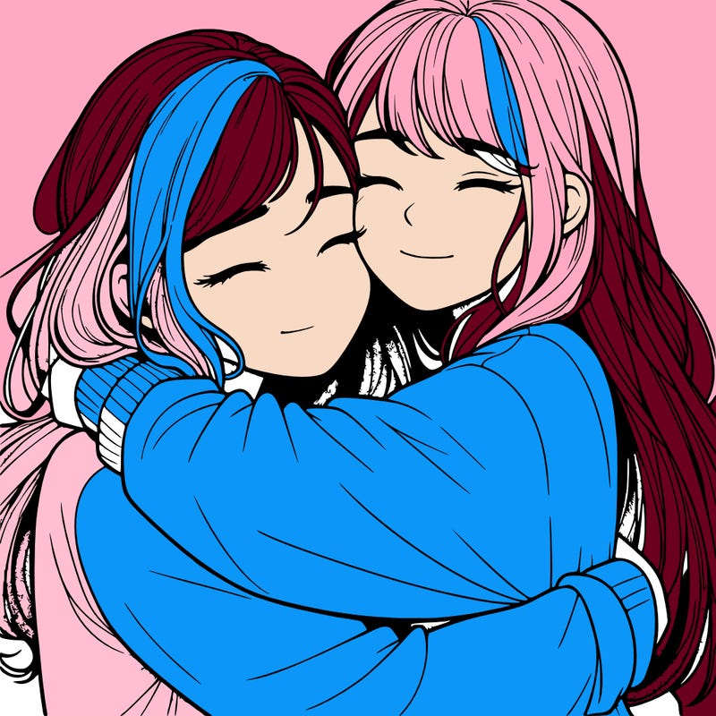realistic two girls hugging