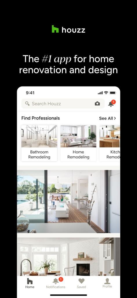 Houzz - Home Design & Remodel - Houzz app home screen featuring home design photos and professional remodeling services.