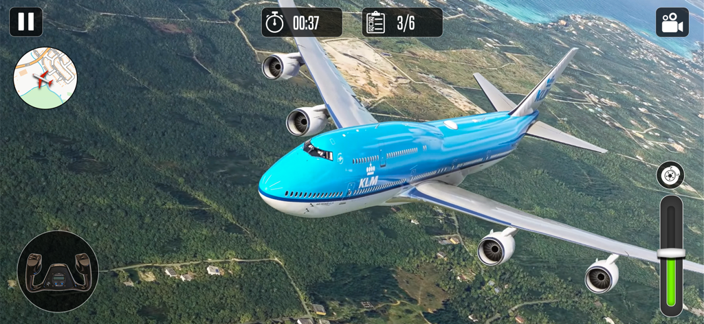 Airport City Pilot Game Flight - Um avião comercial azul voando sobre uma paisagem verde em um jogo de simulação de voo com controles na tela.