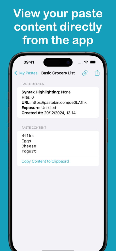 PasteSync - Pastebin Client - iPhone screenshot showing a specific paste content and its details in the PasteSync app.