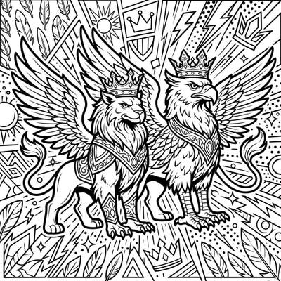 Soar into a world of fantasy with this stunning Royal Griffins Pop Art coloring page. Unleash your inner artist by bringing these crowned, mythical creatures and their vibrant Pop Art background to life with bold colors.