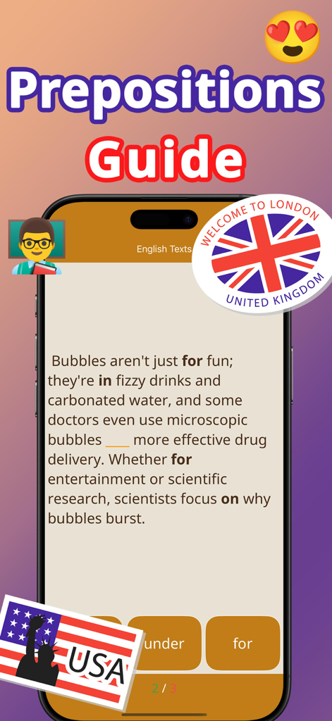 English Grammar: Prepositions - 아이폰 화면에서 전치사 빈칸 채우기 연습을 보여주는 영어 문법 앱.