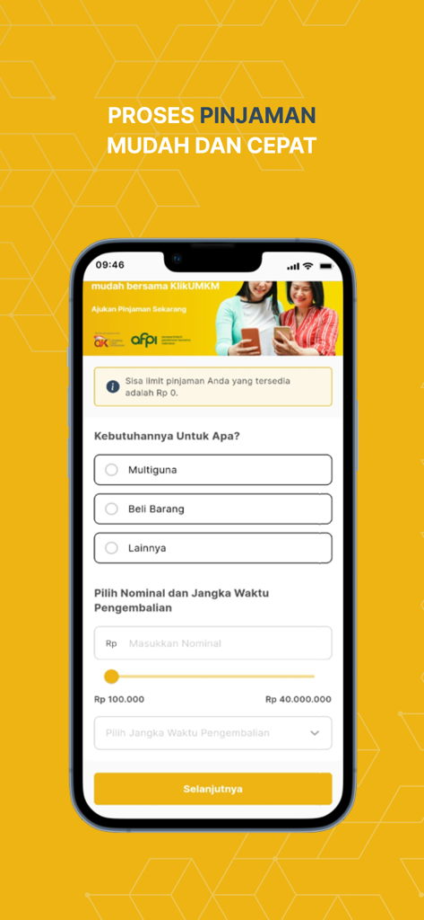 Interface of the KlikUMKM mobile app showing the loan amount selection and purpose options for Indonesian entrepreneurs