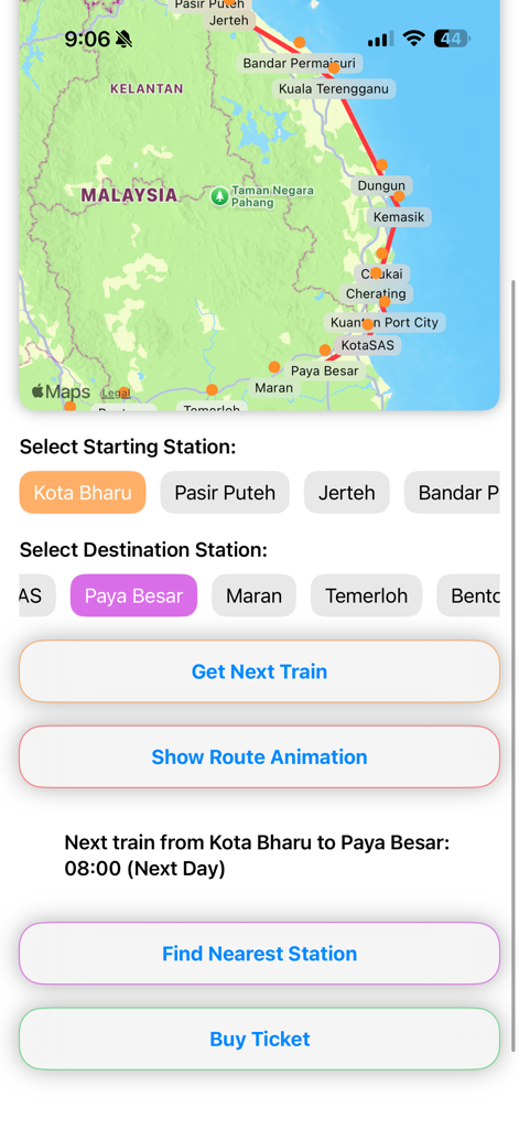EGK ECRL Map - Interface of the EGK ECRL Map app showing a map of rail stations and buttons to select stations and get train schedules