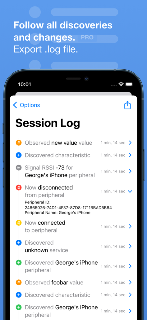 Bluetooth Inspector - Bluetooth Inspector session log showing peripheral events and signal strength