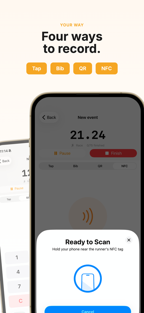 Interface of Run Lap Tap app showing NFC scanning and multiple recording modes for race timing