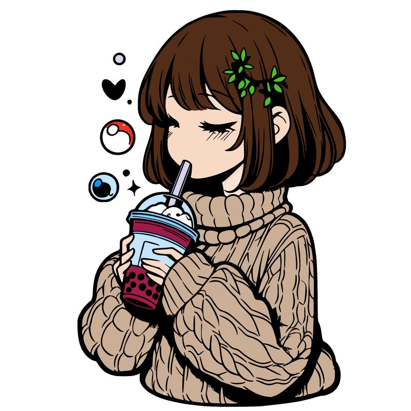 manga girl drinking boba in cozy sweater
