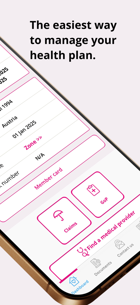 HCI Group - Dashboard of the HCI Group app for managing international health insurance policies and claims