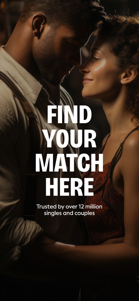Intimate couple on the YOLO dating app splash screen with text Find Your Match Here