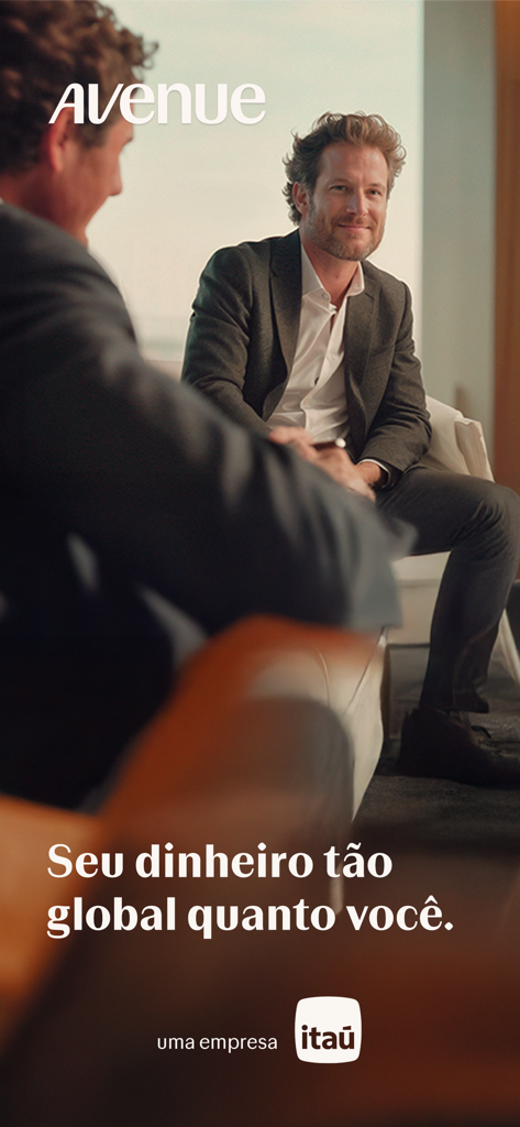 Avenue: Conta e Investimentos - Two business professionals in a meeting representing global financial services with Avenue and Itau branding