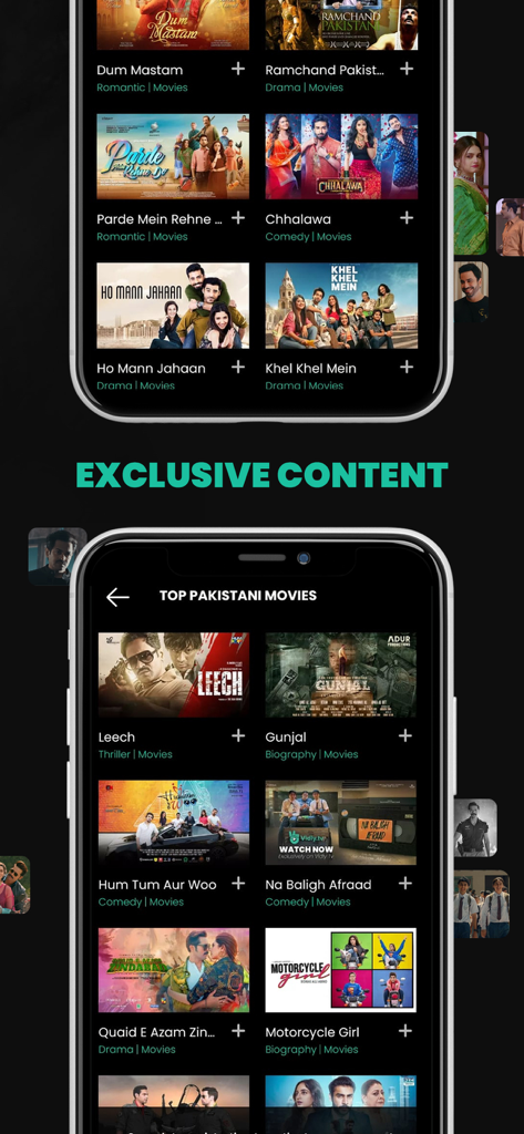 Vidly app interface showing a list of top Pakistani movies including Dum Mastam and Leech with an exclusive content banner