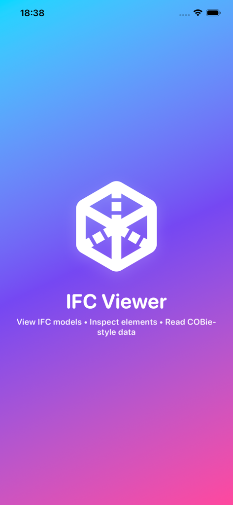 IFC Viewer - Pantalla de inicio de IFC Viewer con el logo de la app y resúmenes de características