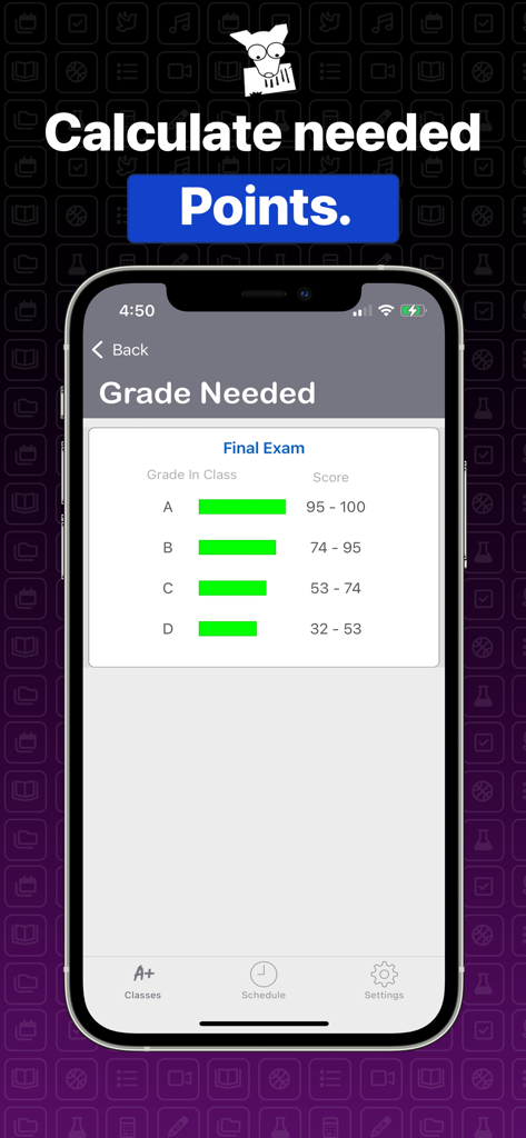 Grade needed calculator screen for a final exam in Student Planner app