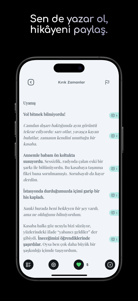 Romanika - App mobile Romanika che mostra una storia con icone di commento per paragrafo.