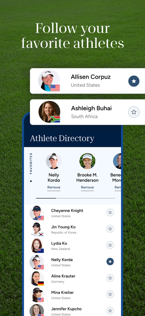 LPGA 앱 선수 디렉토리 화면에 Allisen Corpuz 및 Nelly Korda와 같은 프로 여성 골퍼 목록과 팔로우 옵션이 표시됩니다.
