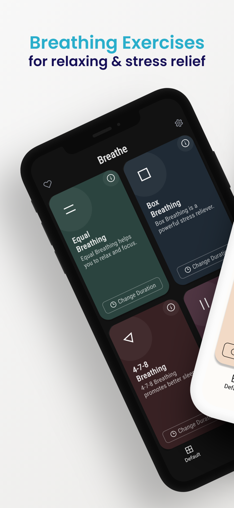 A smartphone displaying the Breathe app interface with various breathing exercises like Equal Breathing, Box Breathing, and 4-7-8 Breathing for stress relief.