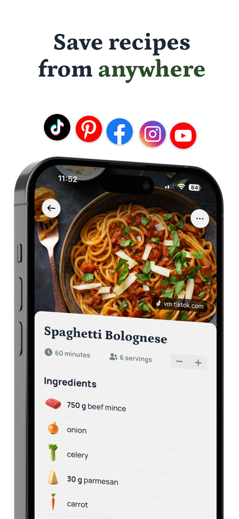 Avocadish: Recipes & Mealplan - Interface de l'application Avocadish affichant une recette de Spaghetti Bolognaise importée de plateformes de réseaux sociaux comme TikTok.