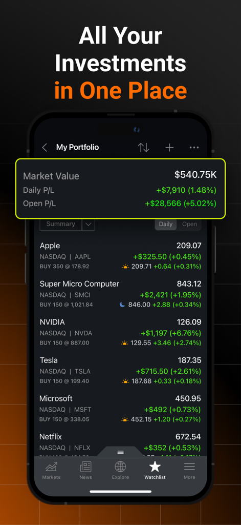 Investing.com: Stock Market - Investing.com app interface showing a stock portfolio with market value summary and individual stock performance for Apple NVIDIA and Tesla