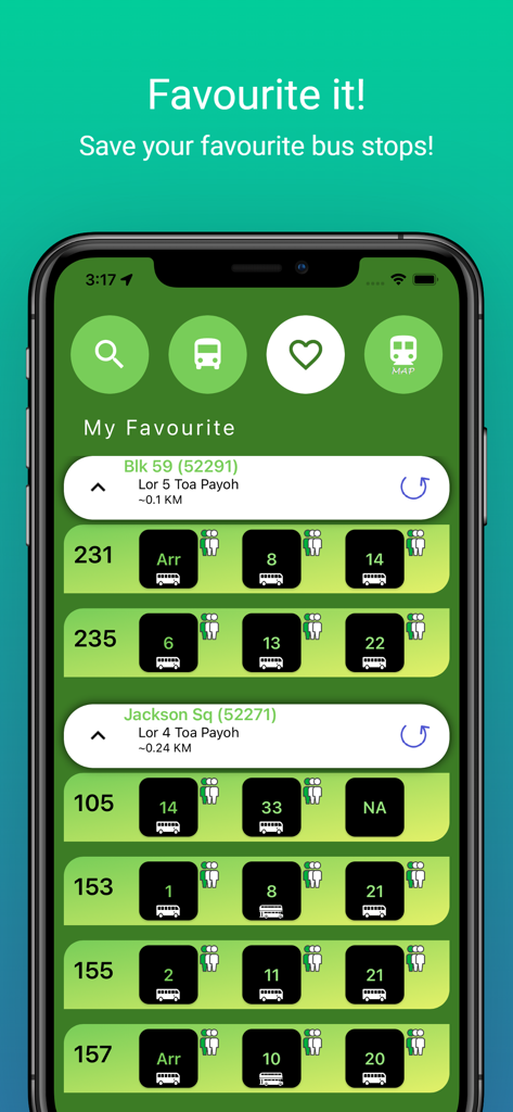 SG Bus (MRT map) - SG Bus app interface showing saved favorite bus stops with real-time arrival times and occupancy levels
