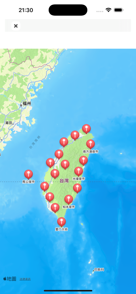 Taiwan Night Market 台湾夜市 - Mapa interactivo de Taiwán que muestra numerosas ubicaciones de mercados nocturnos con marcadores rojos.