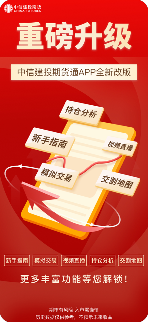 中信建投期货通-期货开户投资交易app - Tela promocional do aplicativo de negociação de futuros da China mostrando novos recursos como negociação simulada e análise de posição