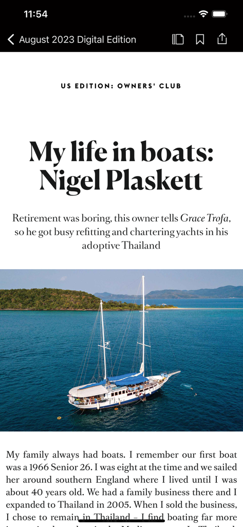 Articolo digitale dell'app Boat International sulla proprietà di yacht con uno yacht a vela su acqua blu