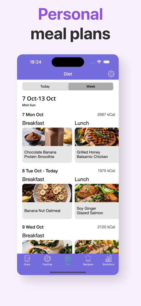 Intermittent Fasting - Fastik - Interfaz de la aplicación Fastik que muestra un plan de comidas personal semanal con fotos de opciones de desayuno y almuerzo y recuentos de calorías.