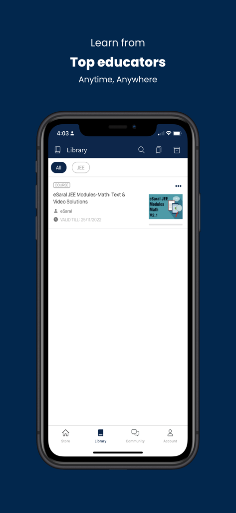 eSaral - eSaral app library interface showing math video and text modules for JEE preparation