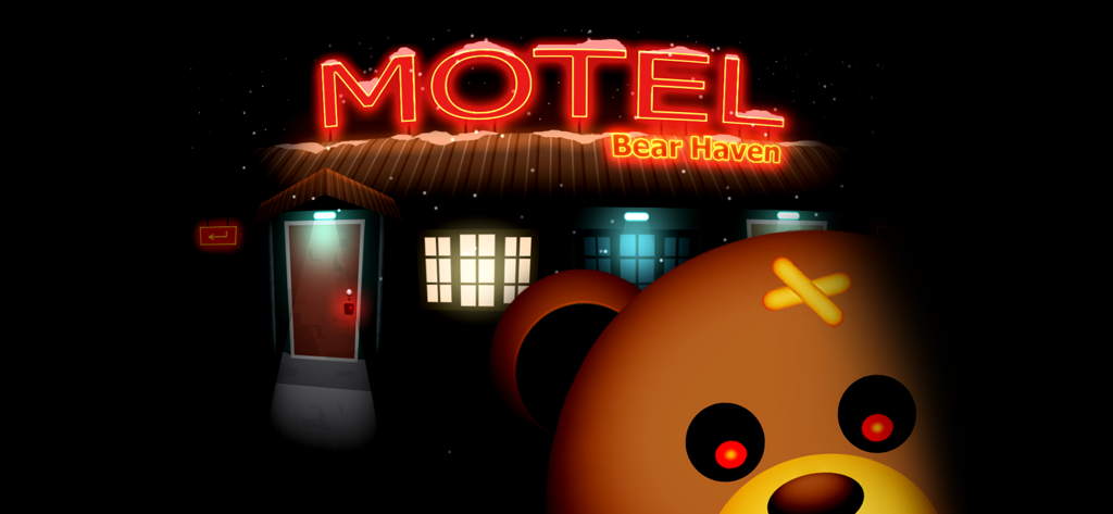 A creepy bear with red eyes in front of the Bear Haven Motel with its neon sign lit at night.