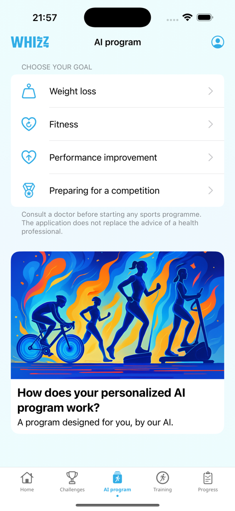Interfaz de la aplicación Whizz para seleccionar objetivos personalizados de entrenamiento de cardio con IA, como pérdida de peso y mejora del rendimiento.