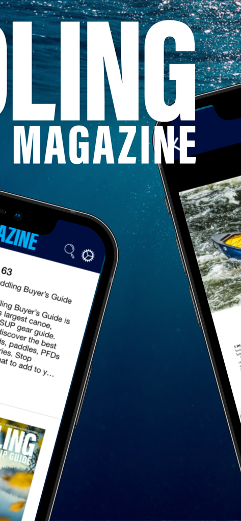 ギアガイドやアドベンチャー写真を含むPaddling Magazineアプリのコンテンツを表示するスマートフォンの画面