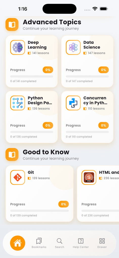 Dashboard of the Learn Python Pro app featuring modules for Deep Learning, Data Science, Git, and HTML CSS.
